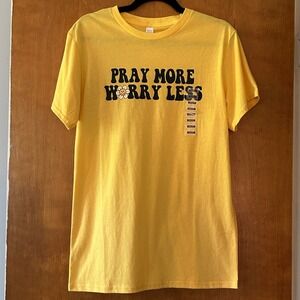 Pray More Worry Less Yellow Graphic T-Shirt Daisy Trendy Positive Womens Med NWT